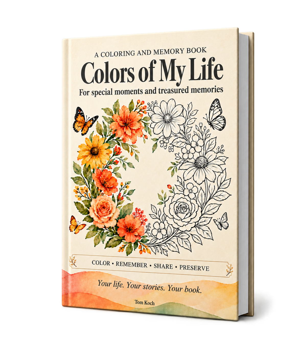 A three dimensional view of Colors of My Life, featuring the actual English floral cover and visible book pages