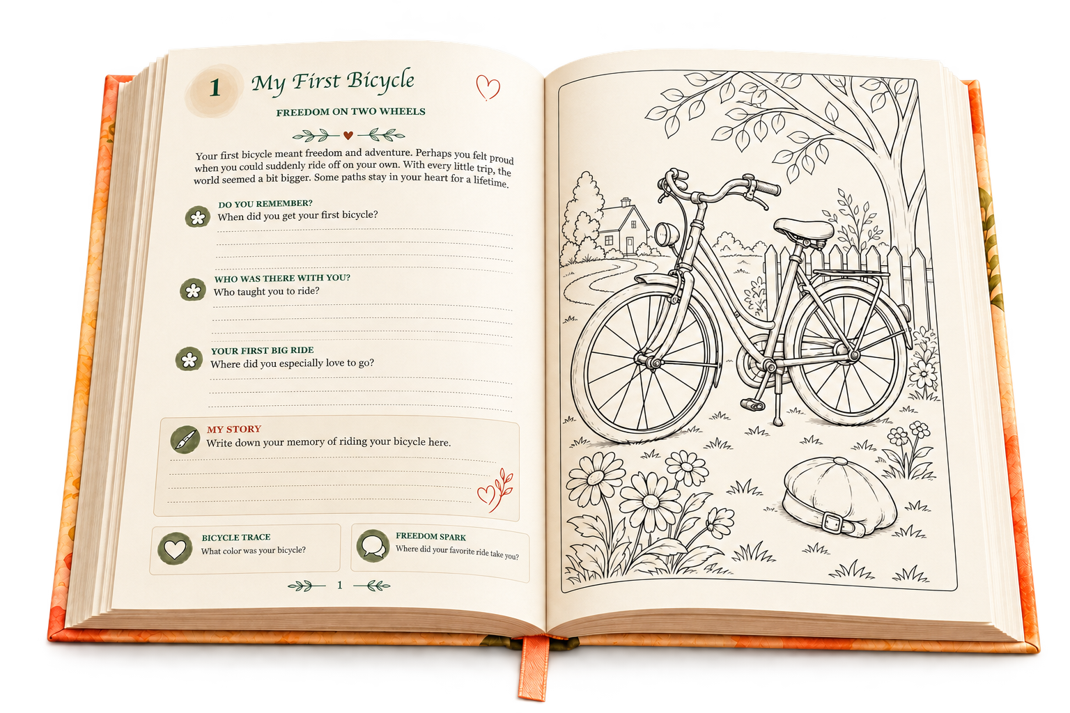 Colors of My Life open to the actual English My First Bicycle spread, with memory questions on the left and the original bicycle illustration on the right